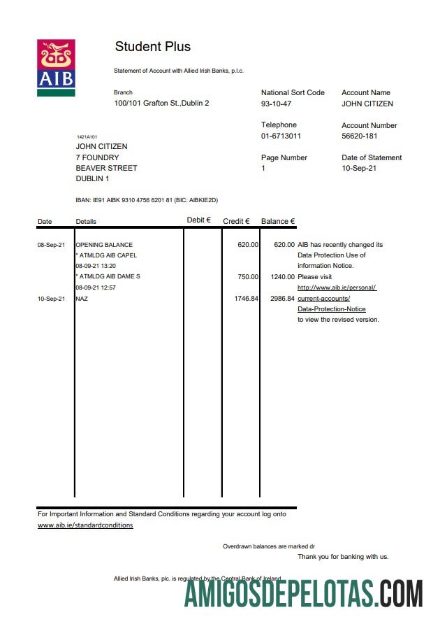 Ireland AIB Excel amostra